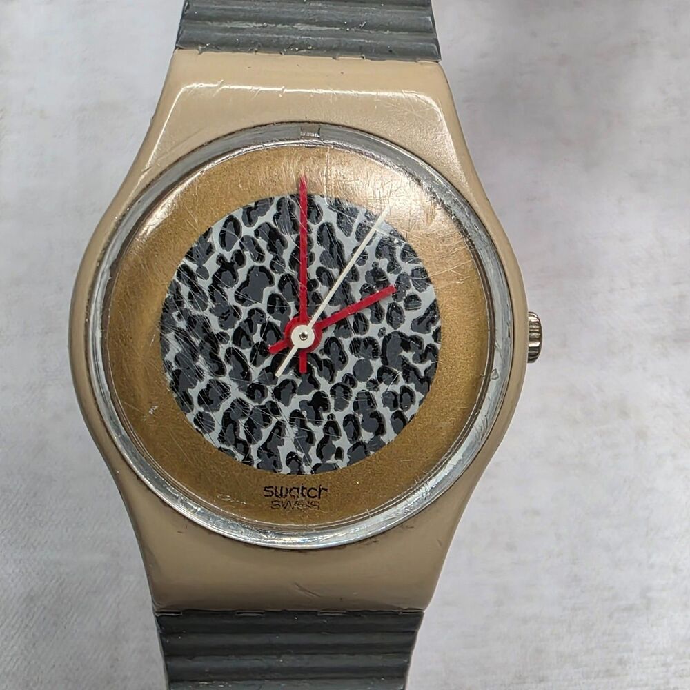 Vintage 1985 Swatch BC/BG LT102 Womens Watch 25mm Leopard Dial Gray Band